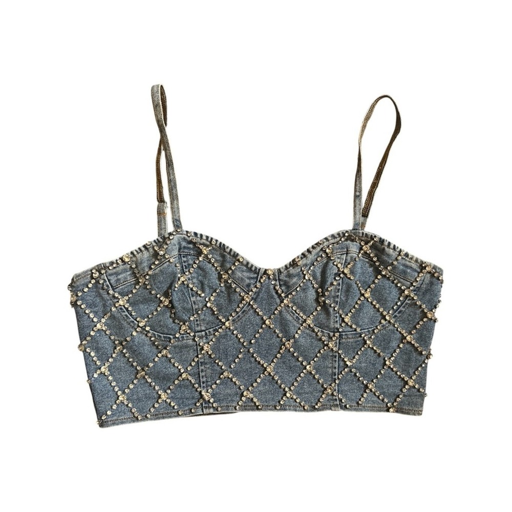 Mainstrip Studded Denim Corset Crop Top Size Large Y2K